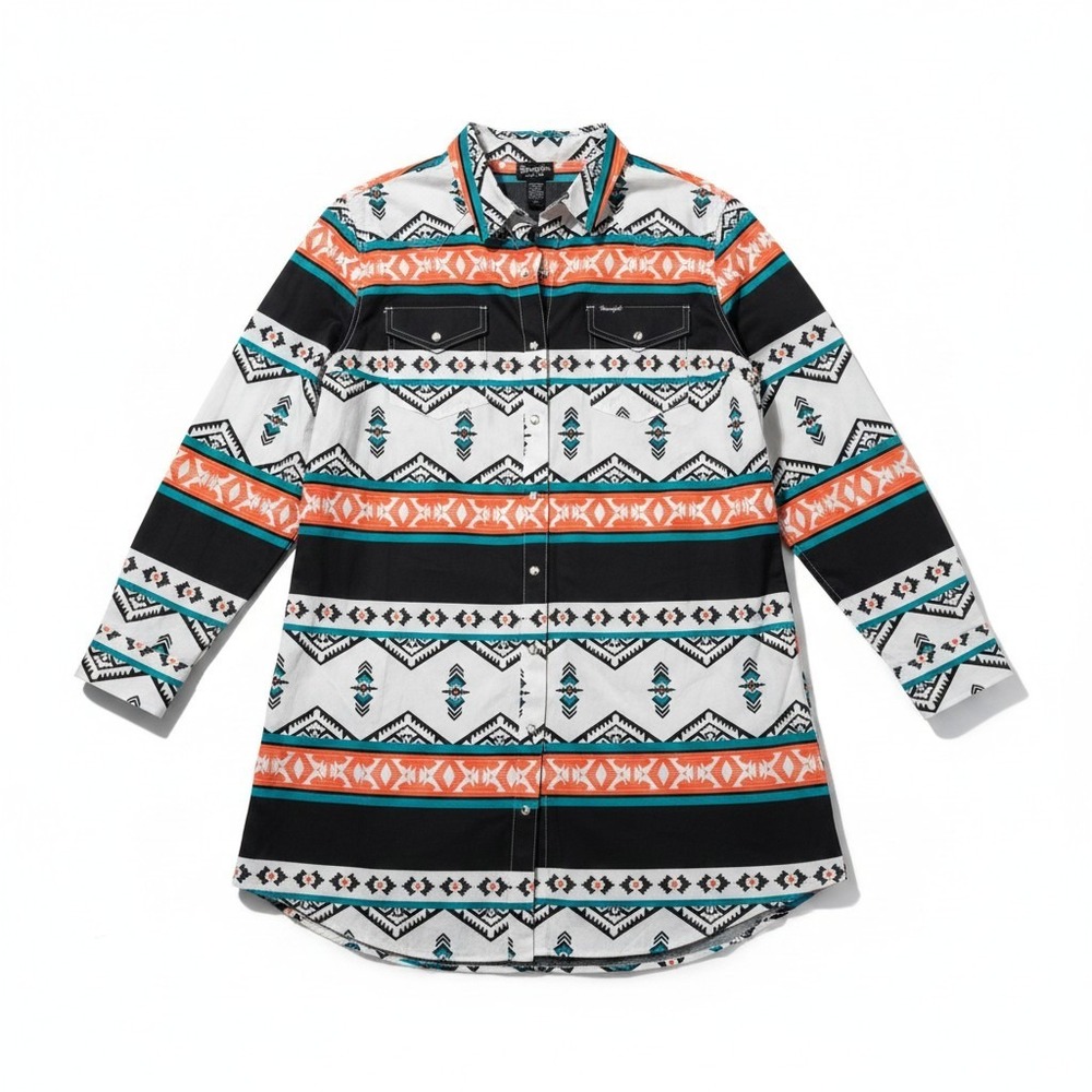 Wrangler Retro Southwestern Snap Front‎ Western Shirt Dress Orange Teal L